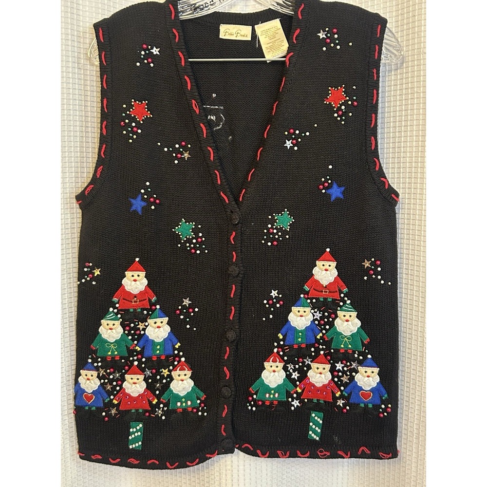 Black Elves Christmas Tree Sweater Vest Women's Size M 8-10 Bobbie Brooks VTG